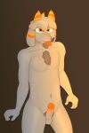  anthro balls body_hair bovid caprine cheek_tuft chest_hair condom condom_in_mouth facial_hair facial_tuft floppy_ears fur genitals glans goat grey_body grey_fur gusta gusta_(gusta) hair hi_res horn male mammal nude object_in_mouth orange_eyes orange_glans orange_horn orange_stripes penis pubes sexual_barrier_device solo stripes tuft 
