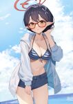  1girl ayane_(blue_archive) bikini bikini_top_only black_hair blue_archive blush braid breasts cleavage collarbone denim denim_shorts double-parted_bangs glasses halo highres hood hooded_jacket jacket looking_at_viewer medium_breasts misononasubi navel open_clothes open_jacket outdoors pointy_ears red-framed_eyewear short_shorts shorts solo stomach striped striped_bikini swimsuit white_jacket 