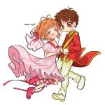  1boy 1girl absurdres artist_name brown_eyes brown_hair cardcaptor_sakura chibi closed_eyes couple dress female_child highres holding_hands kinomoto_sakura li_xiaolang magical_girl mmi_ny07 pink_dress pink_footwear simple_background white_background white_footwear wings 