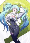  1girl :d absurdres arm_up banner black_bodysuit black_gloves blue_eyes blue_hair bodysuit floating_hair gloves green_gloves hair_between_eyes hanten_(hantennano) hatsune_miku highres jacket long_hair long_sleeves looking_at_viewer race_queen racing_miku racing_miku_(2022) smile solo thigh_gap twintails two-tone_gloves very_long_hair vocaloid white_jacket 