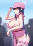  1girl apron baseball_cap basket blue_archive blue_eyes blue_hair blunt_bangs breasts breath condom condom_wrapper crowd ear_piercing egg_vibrator from_side hand_on_headwear hat highres holding holding_basket large_breasts long_hair name_tag people piercing pink_apron public_indecency revealing_clothes saori_(blue_archive) sex_toy solo_focus straight_hair sweat thigh_strap vibrator vibrator_cord yzr_(yzr99) 