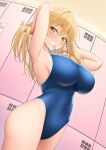  1girl akira_(sayo_dayoo) alternate_costume armpits bare_arms bare_shoulders blonde_hair blue_one-piece_swimsuit blush breasts covered_navel genshin_impact grin hair_tie_in_mouth highres large_breasts locker locker_room long_hair looking_at_viewer mouth_hold one-piece_swimsuit parted_lips school_swimsuit smile swimsuit teeth thighs yellow_eyes yoimiya_(genshin_impact) 