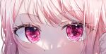  1other akiyama_mizuki chromatic_aberration close-up commentary eye_focus heart heart_in_eye highres light_particles looking_at_viewer mahiru_yura pink_eyes pink_hair portrait project_sekai shadow sidelocks solo sparkle symbol_in_eye 