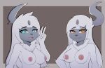  2023 absol anthro areola blue_eyes breasts duo female fur generation_3_pokemon gesture hi_res kironzen looking_at_viewer nintendo nipples open_mouth open_smile pokemon pokemon_(species) simple_background smile smiling_at_viewer v_sign white_body white_fur yellow_eyes 