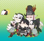  4boys :3 ^_^ alternate_hairstyle ashiya_douman_(fate) ashiya_douman_(second_ascension)_(fate) ashiya_douman_(third_ascension)_(fate) asymmetrical_hair black_eyes black_hair camera chibi clone closed_eyes curly_hair double_v earrings evil_smile fate/grand_order fate_(series) fingernails fujimaru_ritsuka_(male) full_body gradient_background green_nails hair_between_eyes hair_intakes half-closed_eyes hands_up jewelry kiyomasa_(kyko_knky) long_hair magatama magatama_earrings male_focus multicolored_hair multiple_boys official_alternate_costume sharp_fingernails shikishi smile taking_picture two-tone_hair v very_long_fingernails very_long_hair white_hair 