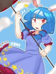 1girl animal_ears blood blood_on_weapon blue_background blue_dress blue_hair breasts character_name dress dutch_angle frilled_dress frilled_sleeves frills holding holding_mallet mallet moon_print notice_lines open_mouth outline priswocaer rabbit_ears rabbit_girl red_eyes seiran_(touhou) simple_background small_breasts solo star_(symbol) star_print touhou weapon white_outline 