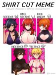  1boy 4girls absurdres aether_(genshin_impact) bikini black_nails blonde_hair blue_eyes blue_hair breasts brown_hair choker cleavage cleavage_cutout closed_mouth clothing_cutout crossdressing dark-skinned_female dark_skin diluc_(genshin_impact) earrings eyepatch genderswap genderswap_(mtf) genshin_impact gradient_hair hands_on_own_hips heart heart_choker heart_cutout highres jewelry kaeya_(genshin_impact) large_breasts long_hair looking_at_viewer maid_headdress multicolored_hair multiple_drawing_challenge multiple_girls ohkrkr_z one_eye_covered open_mouth orange_eyes orange_hair pink_background red_eyes red_hair shirt_cut_meme sideboob simple_background single_earring smile sweat swimsuit tartaglia_(genshin_impact) tassel tassel_earrings underboob white_background yellow_eyes zhongli_(genshin_impact) 