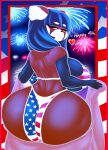  4th_of_july ailurid anthro big_breasts big_butt bikini blue_hair breasts butt clothed clothing female fireworks hair hi_res huge_butt looking_at_viewer looking_back looking_back_at_viewer mammal red_panda solo stars_and_stripes swimwear united_states_of_america xaveknyne 