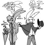 absurd_res anthro ascot cloak clothing dialogue dress_shirt english_text evil_grin fingerless_gloves gloves grin half-closed_eyes handwear hat headgear headwear hi_res humor lagomorph leporid male mammal narrowed_eyes open_mouth open_smile overcoat pun rabbit sharp_teeth shirt simple_background smile solo suit teeth text the_xing1 top_hat topwear umbrella white_background 