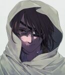 1other androgynous brown_eyes brown_hair cloak commentary_request eyepatch goggles hange_zoe hood hooded_cloak mo_cha_ri other_focus portrait shaded_face shingeki_no_kyojin smile solo 