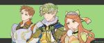  1girl 2boys alfred_(fire_emblem) armor ascot blonde_hair boucheron_(fire_emblem) cape circlet closed_mouth etie_(fire_emblem) fire_emblem fire_emblem_engage flower green_eyes hahm0106 hair_ribbon highres long_hair long_sleeves looking_to_the_side multiple_boys orange_hair ribbon short_hair tiara yellow_ascot 