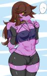  anthro athletic athletic_anthro athletic_female blush bottomwear breasts brown_hair clothing collar cosplay crop_top crossover crossover_cosplay deltarune female fingerless_gloves freckles gloves hair handwear hechangjun250 helluva_boss hi_res hotpants legwear loona_(helluva_boss) midriff nipple_outline purple_body purple_scales reptile scales scalie shirt shorts skindentation solo spiked_collar spikes susie_(deltarune) thigh_highs topwear undertale_(series) 