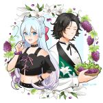  2boys absurdres artist_name basket belt black_choker black_hair blue_eyes blue_hair braid choker closed_eyes commentary_request curtained_hair dot_nose double-parted_bangs fire_emblem fire_emblem_engage flower food fruit gradient_hair grapes hair_between_eyes highres holding holding_basket holding_food long_hair louis_(fire_emblem) midori_no_baku multicolored_hair multiple_boys navel open_mouth pink_hair rosado_(fire_emblem) short_hair smile teeth upper_teeth_only very_long_hair white_background wristband 