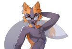  anthro arm_tuft canid chest_tuft ear_piercing ear_ring elbow_tuft eyewear fur glasses grey_body grey_fur half-length_portrait hand_behind_head hi_res looking_at_viewer male mammal mouth_closed orange_body orange_ears orange_eyes orange_fur orange_tail piercing portrait ring_piercing solo tail tuft unknowhiter wearing_glasses 