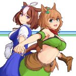  1girl :3 :d ahoge animal_ears bandeau bare_shoulders belt blue_dress blue_eyes breasts brown_belt brown_gloves brown_hair cleavage commentary_request detached_sleeves dress gloves green_skirt hair_ornament hairband highres holding_hands horse_ears large_breasts looking_at_viewer meisho_doto_(umamusume) midriff mongo_mongo multicolored_hair navel open_mouth pink_hair pink_hairband purple_eyes short_hair short_sleeves simple_background skirt smile solo star_(symbol) star_hair_ornament stomach taiki_shuttle_(umamusume) two-tone_hair umamusume white_background white_gloves 