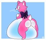  anthro bear big_butt bow_ribbon butt cheek_tuft crossed_arms cuddle_team_leader epic_games eyelashes facial_tuft female foamytail fortnite fur glowing_belly hair hi_res huge_belly inflation laugh looking_at_viewer looking_back looking_back_at_viewer mammal onomatopoeia overweight overweight_female pawpads pink_body pink_fur short_hair solo sound_effects text thick_thighs tuft white_body white_fur 