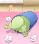  beamed_sixteenth_notes commentary_request crumpled_paper facing_away highres in_trash_can indoors monaka_(hc_pkmn) musical_note no_humans paper pawpads pokemon pokemon_(creature) rug shadow solo sprigatito trash_can wooden_floor 