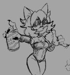  anthro armwear black_nails breasts canned_drink cleavage clothed clothing colored_nails eyelashes fan_character female gesture grey_background hair leotard looking_at_viewer nails navel_outline scared_bum sega sharp_nails short_hair simple_background smile solo sonic_the_hedgehog_(series) thick_thighs wide_hips 