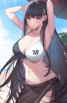  1girl alternate_costume armpits arms_up beach bikini black_hair blue_archive blush breasts cleavage closed_mouth collarbone commentary_request halo highres large_breasts long_hair looking_at_viewer navel ocean parasol red_eyes rio_(blue_archive) sand see-through shougun_(chuckni1) solo stomach swimsuit two-tone_bikini umbrella water 