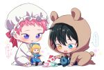  2boys aged_down animal_ears black_hair blonde_hair blue_bow blue_dress blue_eyes blunt_bangs bow commentary cup doll dress english_commentary ensemble_stars! fake_animal_ears fake_tail fang full_body holding holding_teapot hood hood_up itsuki_shu kagehira_mika long_hair long_sleeves mademoiselle_(ensemble_stars!) male_focus multiple_boys no_heterochromia open_mouth pink_hair purple_eyes sekai_yoni short_hair socks star_(symbol) stuffed_animal stuffed_panda stuffed_toy tail teacup teapot toy translation_request valkyrie_(ensemble_stars!) white_headwear white_socks yellow_eyes 