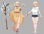  1girl blonde_hair blue_eyes bra_strap breasts broken broken_chain chain collar color_guide commentary elf english_commentary flower full_body grey_background hair_flower hair_ornament hair_over_one_eye highres huge_breasts looking_at_viewer metal_collar multiple_views original pointy_ears psidubs sandals short_sleeves shorts simple_background staff standing 