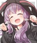  1girl :d ^_^ animal_ears animal_hood black_jacket blush closed_eyes collarbone dress facing_viewer fake_animal_ears halterneck hands_up highres hood hood_up hooded_jacket jacket long_hair long_sleeves open_clothes open_jacket paw_pose puffy_long_sleeves puffy_sleeves purple_dress purple_hair rabbit_ears rabbit_hood sleeves_past_wrists smile solo upper_body vocaloid voiceroid yukie_(kusaka_shi) yuzuki_yukari 