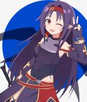  1girl ;d absurdres ahoge armor bare_shoulders breastplate covered_navel fingerless_gloves gloves hairband highres holding holding_sword holding_weapon long_hair looking_at_viewer one_eye_closed open_mouth paralier pointy_ears purple_gloves purple_hair red_eyes red_hairband smile solo sword sword_art_online upper_body v weapon yuuki_(sao) 