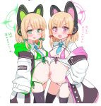  2girls alternate_breast_size animal_ear_headphones animal_ears bikini black_thighhighs blonde_hair blue_archive blue_necktie blush bow breasts cameltoe cat_ear_headphones commentary cowboy_shot fake_animal_ears green_bikini green_bow green_eyes green_halo hair_bow halo headphones looking_at_viewer lowleg lowleg_bikini midori_(blue_archive) momoi_(blue_archive) multiple_girls necktie open_clothes open_mouth open_shirt pink_bikini pink_eyes pink_halo pregnant red_bow sacha short_hair siblings side-tie_bikini_bottom simple_background sisters small_breasts smile swimsuit symbol-only_commentary thighhighs translation_request twins white_background 