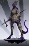  abstract_background absurd_res anthro armor bec_de_corbin bottomwear clothing digitigrade dragon dragonborn_(dnd) dungeons_and_dragons female hasbro hat_ribbon headgear helmet hi_res holding_armor holding_headgear holding_helmet holding_object holding_weapon melee_weapon plate_armor polearm purple_body purple_scales scales scalie skirt solo tail weapon wizards_of_the_coast wolfdawg yellow_eyes 
