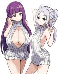  2girls absurdres adjusting_hair alternate_costume aran_sweater backless_outfit backwards_virgin_killer_sweater blunt_bangs breasts cable_knit cleavage commentary_request drop_earrings earrings elf fern_(sousou_no_frieren) frieren green_eyes grey_hair highres huge_breasts jewelry long_hair looking_at_viewer meme_attire multiple_girls naked_sweater navel parted_bangs pointy_ears purple_eyes purple_hair sidelocks small_breasts sousou_no_frieren straight_hair sweater tenten_(chan4545) thick_eyebrows turtleneck turtleneck_sweater twintails virgin_killer_sweater white_background white_sweater 