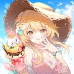  2girls :p bare_shoulders blonde_hair blue_nails blue_sky blush bracelet breasts cup day dress flower food frills genshin_impact gou_lianlian_dogface hair_between_eyes hair_flower hair_ornament hat holding holding_cup ice_cream jewelry looking_at_viewer lumine_(genshin_impact) multiple_girls necklace outdoors paimon_(genshin_impact) parfait scrunchie short_hair_with_long_locks sidelocks sky sleeveless sleeveless_dress straw_hat sun_hat tongue tongue_out watermark white_flower wrist_scrunchie yellow_eyes 