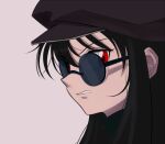  1other androgynous black_hair cabbie_hat hat hiiragi_0404 hunter_x_hunter kurapika long_hair looking_at_viewer portrait red_eyes round_eyewear simple_background solo sunglasses turtleneck upper_body white_background wig 