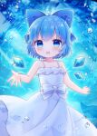  1girl blue_bow blue_eyes blue_hair blush bow cirno coa_(chroo_x) commentary_request detached_wings dress fairy hair_between_eyes hair_bow ice ice_wings looking_at_viewer open_mouth short_hair sleeveless sleeveless_dress smile solo touhou white_dress wings 