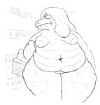  alison_sandra_gator alligator alligatorid anthro basket container crocodilian dorkass female hair long_hair monochrome mouth_closed not_furry nude obese obese_anthro obese_female overweight overweight_anthro overweight_female reptile scalie sharp_teeth shopping solo standing teeth 