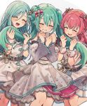  3girls ^_^ bare_shoulders belt black_belt blush buttons clenched_hand closed_eyes detached_sleeves double-breasted dress facing_viewer fang feet_out_of_frame gradient_sleeves green_hair grin hair_ornament hair_ribbon hands_up hatsune_miku highres hinomori_shizuku holding_another&#039;s_hair layered_dress long_hair long_sleeves matching_outfits momoi_airi multiple_girls official_alternate_costume open_mouth project_sekai puffy_long_sleeves puffy_sleeves red_hair ribbon sleeveless sleeveless_dress smile standing striped striped_ribbon twintails two_side_up uminokaisen vocaloid white_background white_dress wide_sleeves wrist_cuffs 