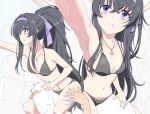  1girl armpits bags_under_eyes bikini black_bikini black_hair blue_archive blush breasts carrying frown hairband halo high_ponytail jewelry long_hair medium_breasts navel necklace oka326miniru open_mouth outstretched_arm pink_nails purple_eyes purple_hairband shoulder_carry sweat swimsuit ui_(blue_archive) ui_(swimsuit)_(blue_archive) very_long_hair 