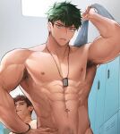  2boys abs armpit_hair armpit_peek bara completely_nude eloseu_(haribochase) from_below green_hair highres holding holding_towel large_pectorals lip_piercing locker locker_room looking_at_viewer male_focus male_pubic_hair multiple_boys muscular muscular_male navel navel_piercing nipples nude original pectorals piercing pubic_hair short_hair sideburns solo_focus stomach thick_eyebrows towel undercut v-taper 