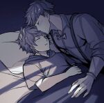  2boys bed blush bracelet closed_eyes collared_shirt gran_(granblue_fantasy) granblue_fantasy hood hood_down jewelry kishire0324 kiss kissing_forehead large_pectorals lying male_focus multiple_boys muscular muscular_male on_back on_bed pectorals shirt sleeping suspenders undercut vane_(granblue_fantasy) yaoi 