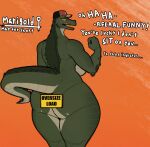  alligator alligatorid anthro big_butt biped butt countershade_neck countershade_scales countershade_tail countershading crocodilian dialogue female lilacyuty mostly_nude reptile scales scalie sign solo tail thick_thighs trucker_hat 