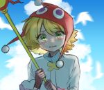  1girl amitie_(puyopuyo) blonde_hair blue_sky blush crying crying_with_eyes_open green_eyes highres holding holding_staff looking_at_viewer puyo_sapy puyopuyo red_amitie red_headwear short_hair sky solo staff tears 