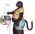  2023 anthro appliance bag belly belly_overhang big_belly black_body black_fur bottomwear cettus clothing cooking felid female food fur hi_res holding_object holding_tool holding_utensil inside kitchen kitchen_utensils mammal midriff overweight overweight_anthro overweight_female pantherine pants serafina_(cettus) shirt shorts sketch sketch_background solo standing stove tail teeth tools topwear 
