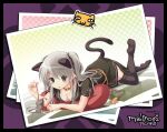  &gt;_&lt; 1girl animal animal_ears black_border black_dress black_ribbon black_tail black_thighhighs blue_eyes blush border breast_press breasts cat_ears cat_girl cat_tail cleavage copyright_name dress fang grey_hair hair_between_eyes hair_ribbon holding holding_animal jewelry kemonomimi_mode leg_up long_hair lying mabinogi medium_breasts mouse nao_(mabinogi) neck_ring on_stomach open_mouth photo_(object) pillow reflection reflective_floor ribbon short_sleeves sidelocks sisco solo tail thighhighs twintails weird_cat 