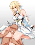  1boy 1girl absurdres bald bare_shoulders barefoot blonde_hair breasts cleavage clenched_teeth commentary_request detached_sleeves dress genshin_impact gradient_background grey_background highres long_hair long_sleeves lumine_(genshin_impact) medium_breasts open_mouth sitting teeth thighs watarase_piro white_dress 