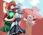  2girls angry blue_dress blue_hair breasts dress highres hong_meiling huge_breasts izayoi_sakuya multiple_girls pink_dress red_hair remilia_scarlet revenge_(vengerezn) shaded_face touhou worried 