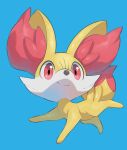  blue_background closed_mouth commentary_request fennekin full_body highres looking_at_viewer no_humans nullma pokemon pokemon_(creature) red_eyes simple_background smile smirk split_mouth 