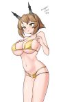  1girl absurdres bikini breasts brown_hair covered_navel dated gold_bikini green_eyes hairband highres kantai_collection large_breasts lowleg lowleg_bikini maru_(marg0613) multi-strapped_bikini mutsu_(kancolle) one-hour_drawing_challenge radio_antenna short_hair simple_background solo standing swimsuit twitter_username white_background 