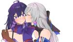  2girls blush bronya_zaychik closed_eyes closed_mouth english_commentary grey_hair highres honkai:_star_rail honkai_(series) kaosmccloud kiss kissing_cheek multicolored_hair multiple_girls purple_eyes purple_hair seele_(honkai:_star_rail) split_mouth yuri 