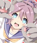  1girl ahoge animal_ears animal_hands aoba_(kancolle) blue_eyes blue_scrunchie claws fangs gloves hair_ornament hair_scrunchie kantai_collection messy_hair neckerchief open_mouth oyu_(aoba_0054) paw_gloves ponytail purple_hair purple_sailor_collar sailor_collar school_uniform scrunchie serafuku solo upper_body wolf_ears yellow_neckerchief 