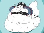 2018 4:3 5_fingers anthro barefoot batspid2 belly big_belly big_breasts biped black_clothing black_hair black_nose bodily_fluids bottomwear breasts cleavage cleavage_overflow clothed clothing digital_drawing_(artwork) digital_media_(artwork) double_chin english_text exclamation eyebrows eyelashes eyelids feet felid feline female fingers flat_colors footprint front_view full-length_portrait fur green_eyes grey_clothing hair holding_belly huge_breasts huge_thighs hyper hyper_belly hyper_hips hyper_thighs jacket love_handles mammal maxxxy_(douxcoco) morbidly_obese morbidly_obese_anthro morbidly_obese_female multicolored_clothing narrowed_eyes navel obese obese_anthro obese_female open_mouth overweight overweight_anthro overweight_female pawprint pawprint_marking portrait red_clothing shirt signature simple_background solo spiky_hair standing sweat tail teeth text text_on_clothing text_on_shirt text_on_topwear thick_thighs three-quarter_view tight_clothing topwear tufted_fur two_tone_clothing white_body white_fur 