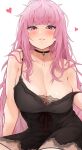  1girl bare_arms bare_shoulders black_choker black_nightgown blunt_bangs blush breasts choker cleavage collarbone highres hololive hololive_english huge_breasts long_hair looking_at_viewer messy_hair mori_calliope nightgown official_alternate_costume parted_lips pink_eyes simple_background solo strap_slip virtual_youtuber white_background yamanoko_19517 
